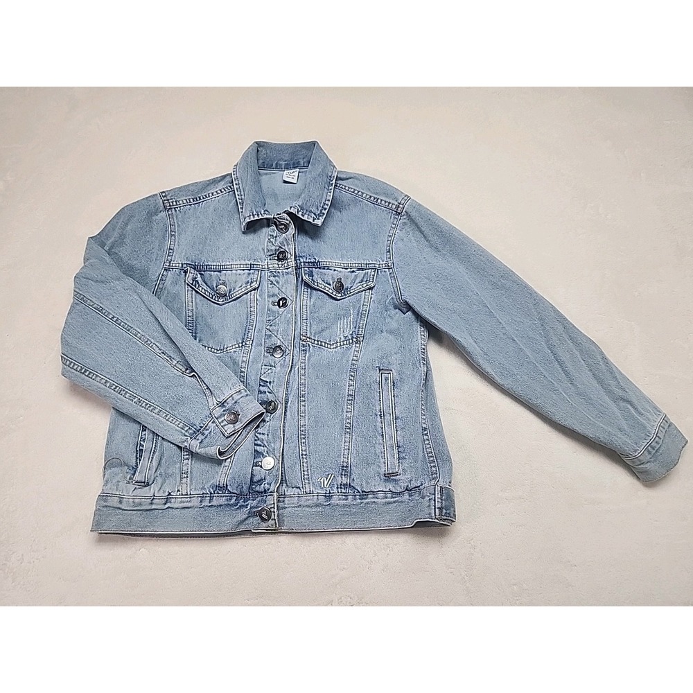 Varsity Denim Distressed Light Jacket‎ Adult Small With Rise On Back